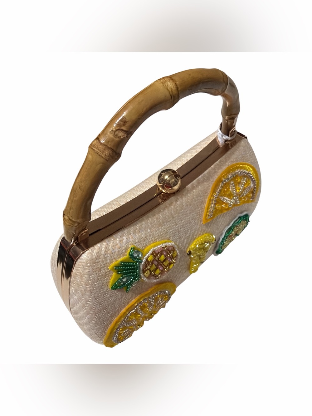 Haute Hippie Woven Straw Bamboo Handle Fruit Beaded Embroidered Crossbody Bag - Picture 4 of 11